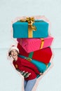 Creative photo 3d collage artwork poster postcard of funny funky girl hold big gift boxes delivery order isolated on Royalty Free Stock Photo