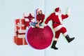 Creative photo 3d collage artwork poster postcard of funny funky girl sit big ball get gifts from santa  on Royalty Free Stock Photo