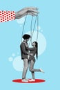 Creative photo 3d collage artwork poster postcard of happy crazy couple hanging thread isolated on painting background