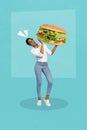 Creative photo 3d collage artwork poster postcard of young girl hold bite huge tasty burger isolated on painting