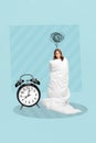Creative photo 3d collage artwork poster of unhappy girl dont want leave bed wake up go school lessons isolated on
