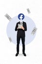 Creative photo 3d collage artwork of weird person facebook sign instead face make money distance work isolated on