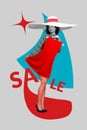 Creative photo 3d collage artwork of young girl try on new summer look preparing vacation autumn sale isolated on