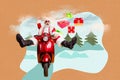 Creative photo 3d collage postcard poster picture of crazy santa hurry night eve ride fast snowy forest isolated on