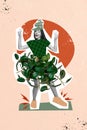 Creative photo 3d collage poster postcard artwork of carefree girl hi symbol dressed weird green clothes isolated on