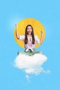 Creative photo 3d collage poster postcard artwork of charming glad lady sitting fluffy comfortable cloud isolated on