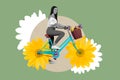 Creative photo 3d collage poster postcard artwork of happy girl enjoy use eco friendly transport isolated on painting