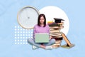 Creative photo minimal design busy concept collage of young concentrated woman use netbook prepare final exam deadline