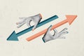 Creative photo poster trend art collage image of hands hold arrow pointer variant option regress progress up down way Royalty Free Stock Photo