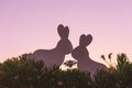 Creative photo of two silhouette paper rabbits in the chamomile flowers and green grass on the sunset sky background Royalty Free Stock Photo