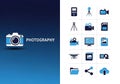 Creative photography icons and logo on a blue gradient background for digital content Royalty Free Stock Photo