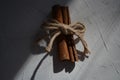 Creative photography. three sticks of cinnamon bound by string. Hard light.