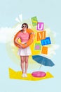 Creative picture artwork collage image poster of positive charming lady enjoy summer vacation hold buoy isolated Royalty Free Stock Photo