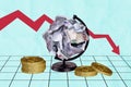 Creative picture collage dynamic arrow bankruptcy decrease earnings golden tokens bitcoin dollar cash money loss Royalty Free Stock Photo