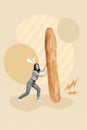 Creative picture collage of funky young lady carry big long baguette loaf bread yummy baker product advert