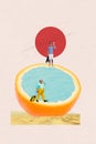 Creative picture collage image travel agency booking tickets resort orange citrus fruit surreal concept two men valise