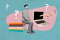 Creative picture collage sitting man question mark puzzled man laptop stack books brainstorming education concept Royalty Free Stock Photo