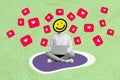 Creative picture collage sitting person headless emoticon smiling happy emotion heart icon like smm targetologist social