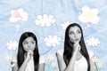 Creative picture collage two pretty young girl woman mother daughter thinking minded face textbox opinion flowers