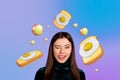 Creative picture collage young pretty blinking flirty girl tasty eggs breakfast food meal nutrition fried drawing Royalty Free Stock Photo