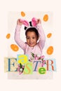 Creative picture invitation collage of adorable kindergarten child wear rabbit ears headband easter costume event