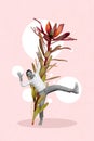 Creative picture pop collage of funky young mini guy climb top red exotic flower falling down green stem