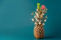 Creative pineapple with Christmas decorations on studio background