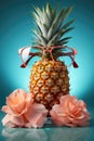 Creative pineapple with sunglasses with pink flowers on blue background, summer vacation beach idea