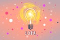 Creative pink light bulb sketch on blurry bokeh background. Idea, innovation and success concept. Royalty Free Stock Photo