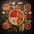 Creative pizza flat lay. Big and small pizzas and ingredients nicely laid at black background. Different filling for Royalty Free Stock Photo