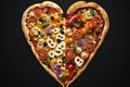 creative pizza heart shape, with different toppings on each slice. Royalty Free Stock Photo