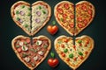 creative pizza heart shape, with different toppings on each slice. Royalty Free Stock Photo