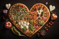 creative pizza heart shape, with different toppings on each slice. Royalty Free Stock Photo