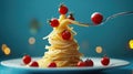 A creative plate of spaghetti arranged in the shape of a Christmas tree, topped with cherry tomatoes and dusted with cheese Royalty Free Stock Photo