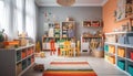 Creative playroom design with modern bookshelf, colorful toys, and comfortable chair generated by AI