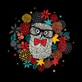 Creative portrait of hipster owl in glasses. Vector illustration with floral elements.