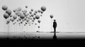 Creative portrait of a man in a suit with a hat among gray balloons. Surrealistic image about dreams, loneliness and hope.