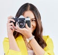 Creative, portrait and a woman with a camera for a photo, memory or career in photography. Happy, paparazzi and a young Royalty Free Stock Photo
