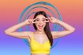 Creative portrait of young girlfriend collage where girl wear yellow top showing double v sign face isolated on gradient Royalty Free Stock Photo