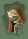 Creative portrait of young sad woman over green background. Poster graphics. Ideas, inspiration, fashion, beauty and