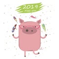 Creative postcard for New 2019 Year with cute pig. Illustration