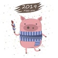 Creative postcard for New 2019 Year with cute pig. Illustration