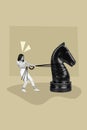 Creative poster banner collage of strong young lady play chess fight for victory pull string knight horse