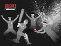 Creative poster or banner design with illustration of cricket player in playing action on black grunge background for Cricket Royalty Free Stock Photo