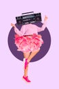 Creative poster collage of active girlish lady dance energetic party flower peony pink skirt retro vintage tape recorder