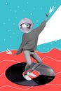 Creative poster collage of active lady disco ball instead head dancing energetic party surfing vinyl record music disco