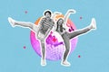 Creative poster collage of active lady guy dance energetic party isolated blue color glitter disco ball background