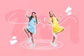 Creative poster collage of active small two children girls dresses dancing have fun concert perform friendship sisters