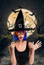 Creative poster collage of astonished attractive pretty young witch frighten boo mystery forest background dramatic