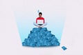 Creative poster collage banner of lady sit heap pile letters addicted online communication blogging using netbook